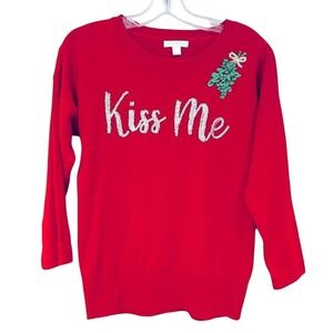 New York & Company Kiss Me Crewneck Sweater Women's XS Red Sequin Mistletoe‎